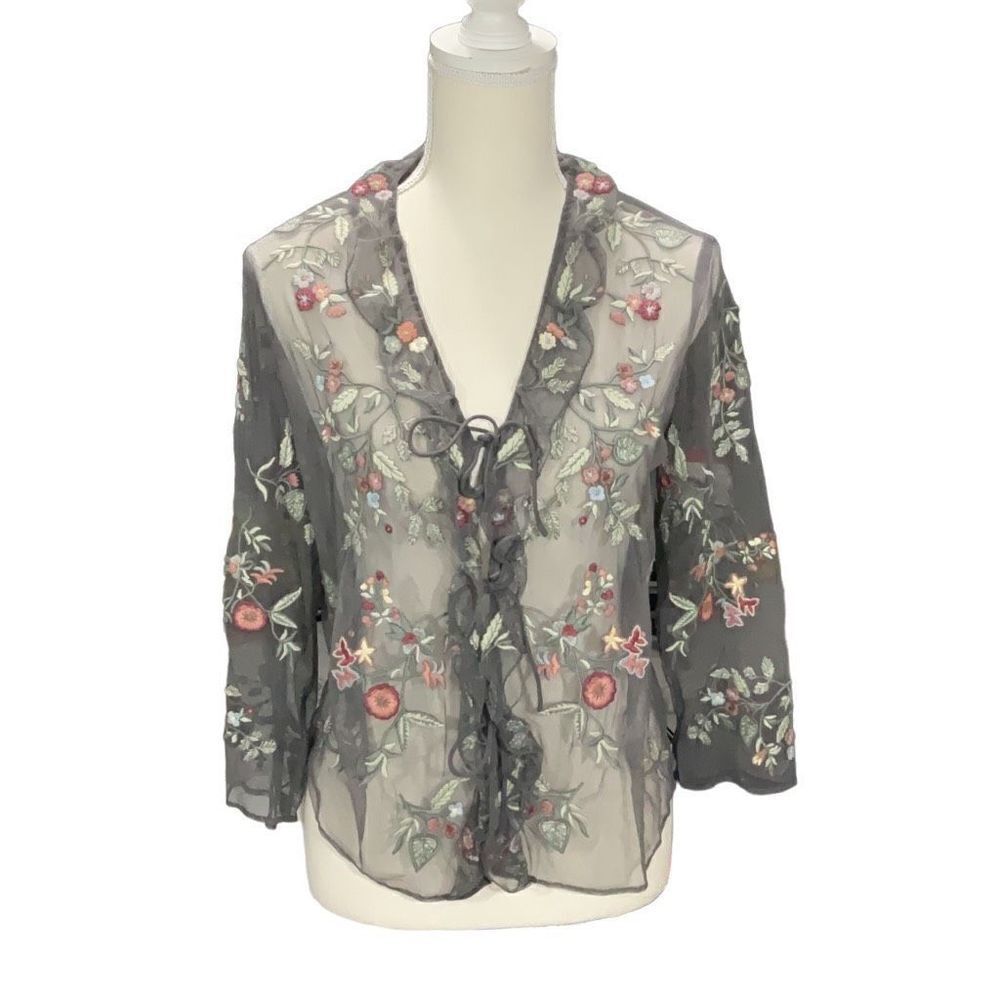 J Jill Gray Floral Embroidered Nylon Mesh Front Tie Sheer Long Sleeve Top Sz XS